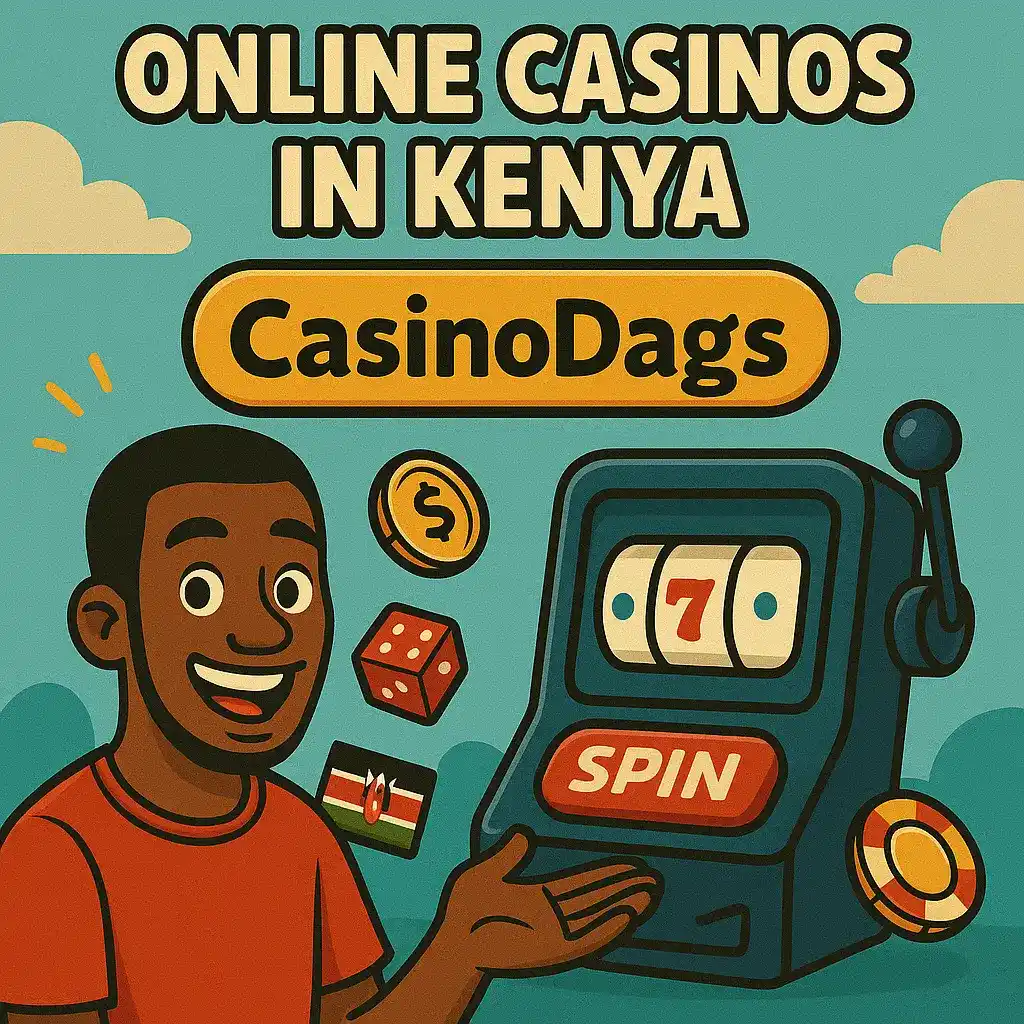 Cartoon scene of popular casinos in Kenya with CasinoDags branding