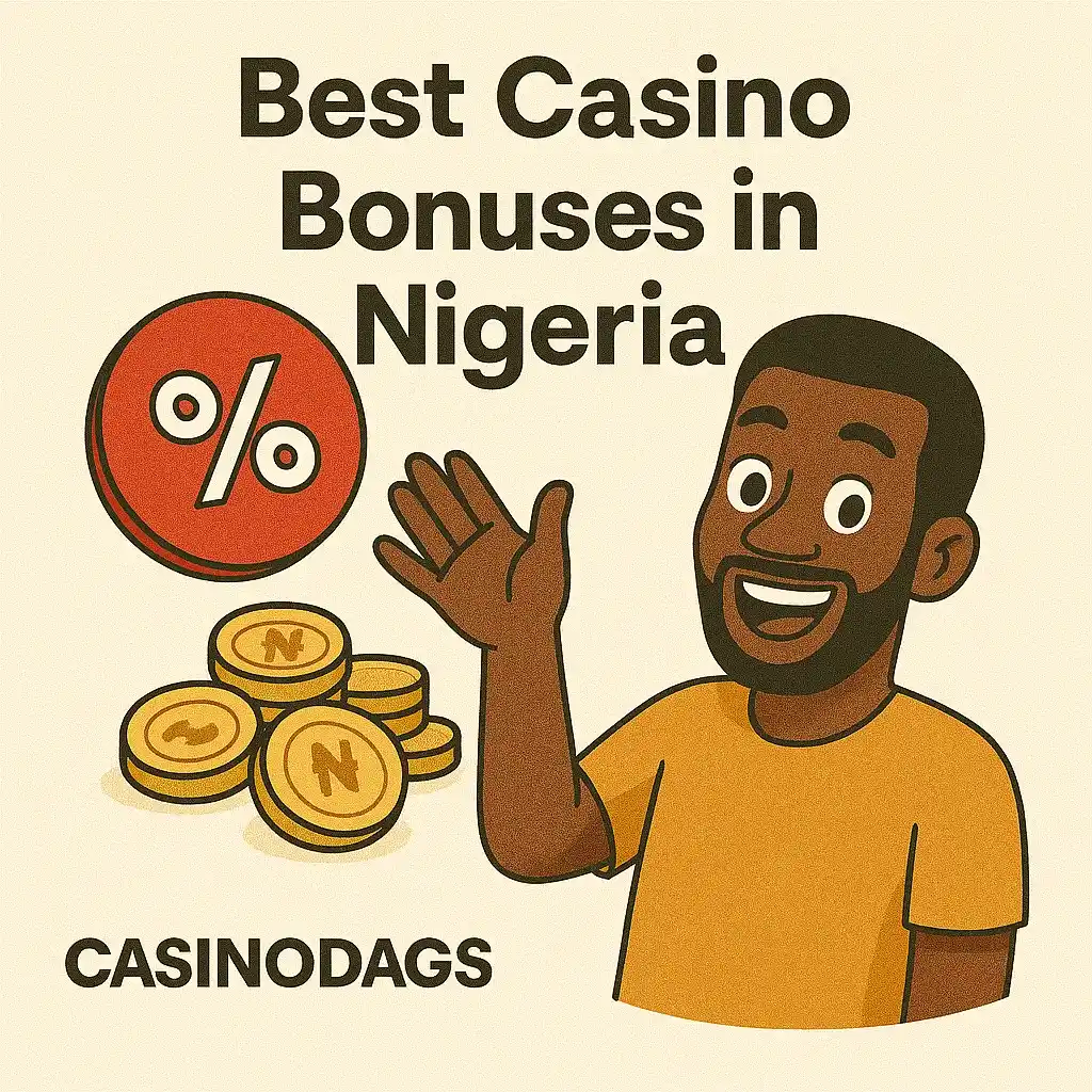Cartoon Nigerian character receiving free spins and deposit bonus