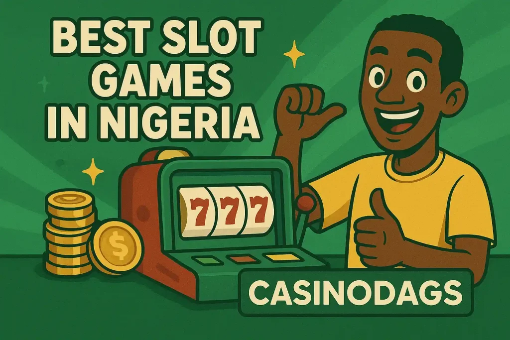 Cartoon-style illustration of Nigerian man playing slots